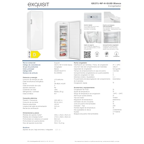 Exquisit® Congelador Vertical 194L, Color Blanco, Clase D, Tecnología No-Frost, Congelación Rápida, Alarma de Puerta, Puerta Reversible, 5 Cajones, Medidas (169,1 x 56,0 x 56,5 cm) - imagen 16