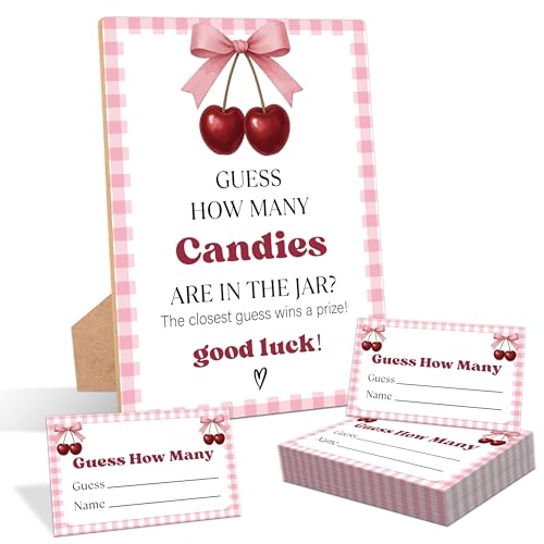 Cherry Guess How Many Candies Are In The Jar Game, Pack of 1 Wooden Tabletop Sign with Stand and 50 Guessing Cards, Cherry Baby Shower Game, Gender Reveal Party Decorations - KA05