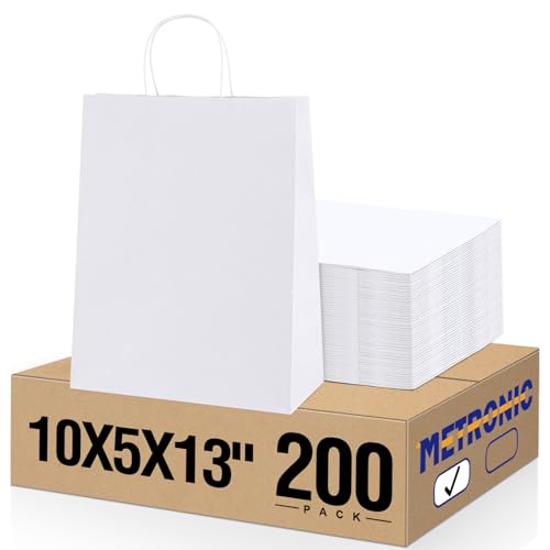 METRONIC Paper Gift Bags 10x5x13 200Pcs White Paper Bags with Handles Bulk