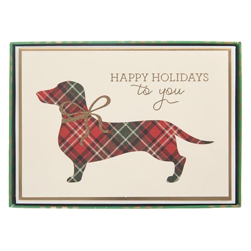 Graphique Plaid Dachshund Holiday Cards | Pack of 15 Cards with Envelopes | Christmas Greetings | Gold Glitter and Foil Accents | Boxed Set | 4.75' x 6.625'
