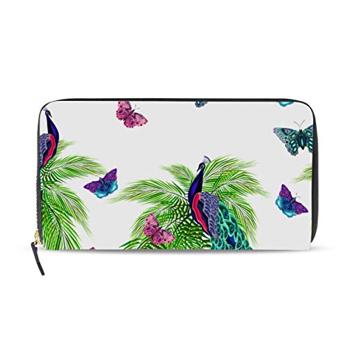 Portefeuille en cuir pour femme grand format zippé paon et papillons
