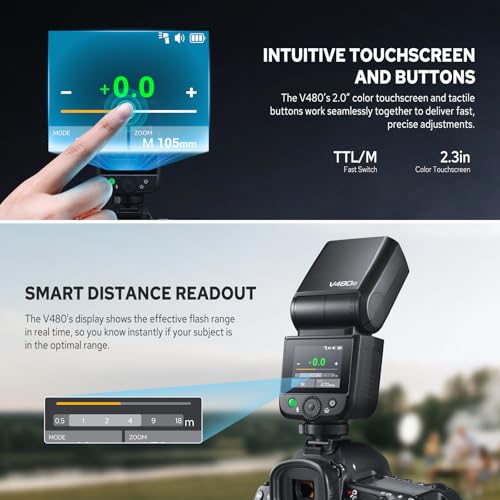 Godox V480 C V480-C TTL Flash for Canon, 2.4G Wireless Speedlite Canon HSS 1/8000s, 2.0” Color Touchscreen, Smart Distance Readout, Li-ion Battery, 650 Full Power Flashes, 10-Level Modeling Lamp