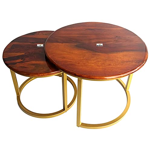 Image of Artlivo Solid Sheesham Wood Round Coffee Table - Set of 2 (22 /17 inch Dia) for Living|Drawing|Bedroom|Office|Balcony|Gift|Diwali|Wedding