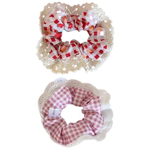 2 Pezzi Elastico per Capelli a Quadri color Fragola con Bordo in Pizzo Elastici per Capelli Rosa Fasce per Capelli di Grandi Dimensioni per Ragazze Donne