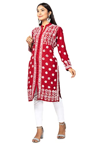 Image of FAWOMENT Women's Hand Embroidered Exclusive Rayon Kurta with Fine Lucknowi Chikankari Kurta Front Open Rose Kurta Women and Girl