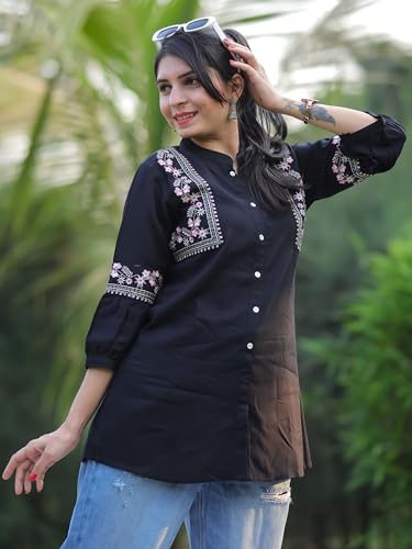 Image of Women's Viscose Rayon Embroidered A-Line Short Kurti Above Knee Regular Fit Tunic Top Office Wear Casual short kurti for women | office wear top | A-line kurti | raksha bandhan gift dress for women