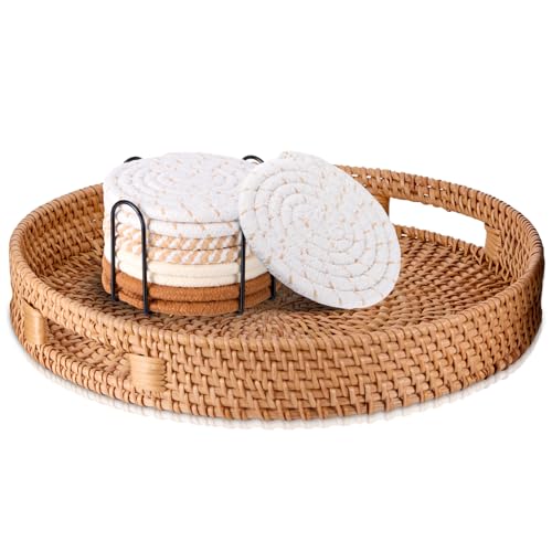 Rattan Round Serving Tray Set, 8 Pcs Drink Coasters with