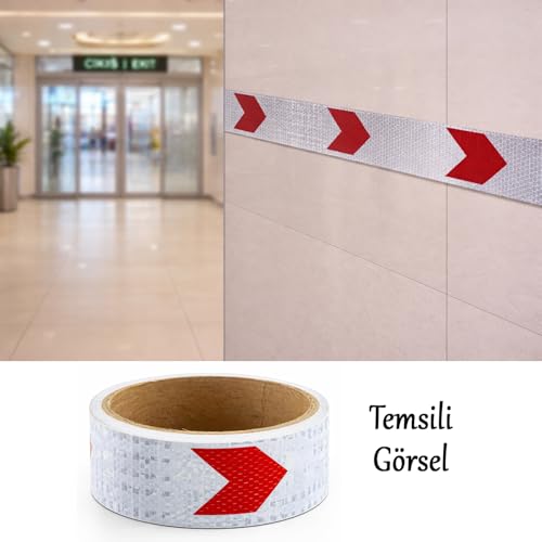 Yapışkanlı En 5 cm (1 Metre) Kırmızı Beyaz Petekli Ok Yönlendirme Reflektörlü Reflektif Şerit Bant