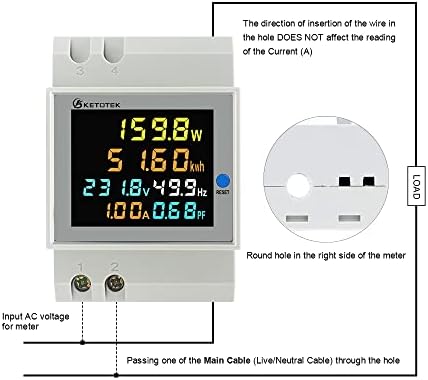 KETOTEK Energy Meter Single Phase AC40-300V 100A, Din Rail KWH Meter, Power Electricity Volt Amp Watt Consumption Voltmeter Ammeter with CT, UKCA CE Certified