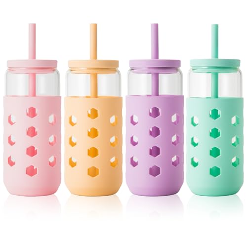 Mrsdry 20 oz Glass Cups with Lids and Straws for Gift, 4-Pack, Mint