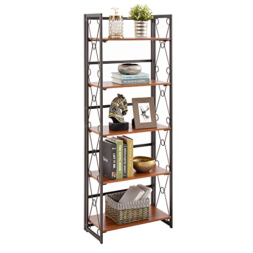 Vecelo 5 Shelf Bookcase,No-Assembly Folding-Bookshelf,Industrial Standing Racks Study Organizer With Metal Frame & Wood Layer,Teakwood Brown #TOP6