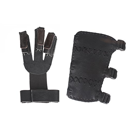 Krayney Adult Youth Leather 3-Strap Arm Guard & Gloves Protector, Arrow Bow Archery