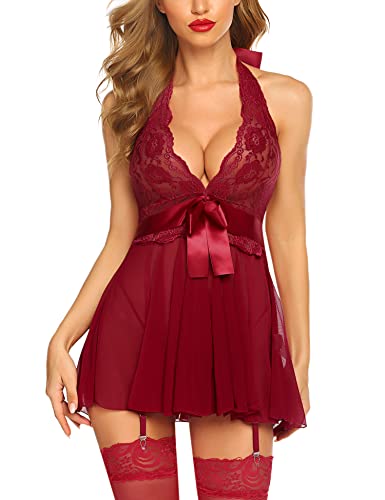 Avidlove Womens V Neck Halter Lingerie Lace Babydoll Mesh Chemise Nightwear Outfits Red M