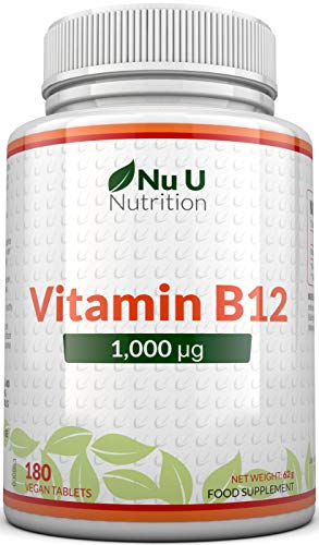 Vitamina B12 1000 VCapacidade: g - B12 Metilcobalamina de alta potência - 180 Comprimidos Vegetarianos e Veganos (fornecimento para 6 meses) - Fabricado no Reino Unido por Nu U Nutrition