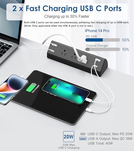 Desk Clamp Power Bar USB C 40W,2 PD 20W USB C,Desk Edge Mount Power Strip, 3 AC Outlets Surge Protector,Fit 1.96" Tabletop Edge,ETL Listed (Black, 4USB-40W) image 5