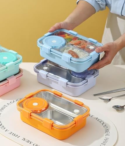 Image of Lovely Bright Solid Colored Airtight Leak-Proof Thermal Insulation Reusable Stainless Steel 3 Compartment Bento Lunch Box with Removable Bowl, Spoon, Fork & Chopsticks for Kids, School & Office