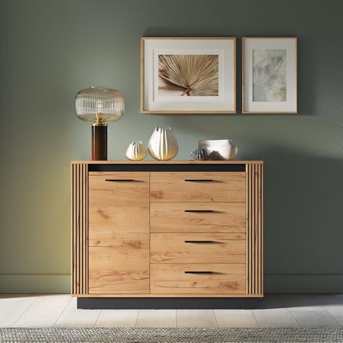 Lomadox Schlafzimmer Komplettset inkl. Bett 160x200 cm Bettkasten Kleiderschrank Kommode Wandregal Nachttische in Eiche mit schwarz – Bild 5