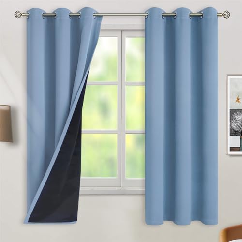 Image of BGment Thermal Insulated 100% Blackout Curtains for Bedroom with Black Liner, Double Layer Full Room Darkening Noise Reducing Grommet Curtain (42 x 63 Inch, Denim Blue, 2 Panels)