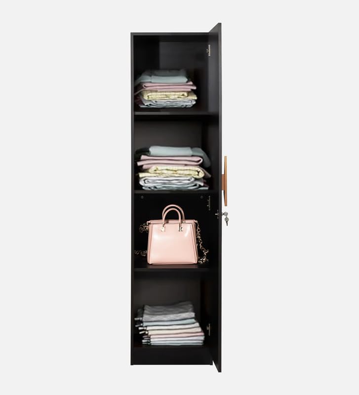 Image of Mintwud Pepperfry Engineered Wood Maya Wardrobe with 1 Doors Storage and Mirror | Wooden Almirah for Living Room Bedroom Furniture | Storage Organizer Cabinet Cupboard for Clothes (Black Wenge Finish)