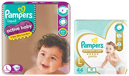 Image of Pampers Premium Care Pants, Large Size Baby Diapers (LG), 44 Count, Softest Ever Pampers Pants & Active Baby Taped Diapers, Large Size Diapers, (LG) 78 Count, Taped Style Custom fit