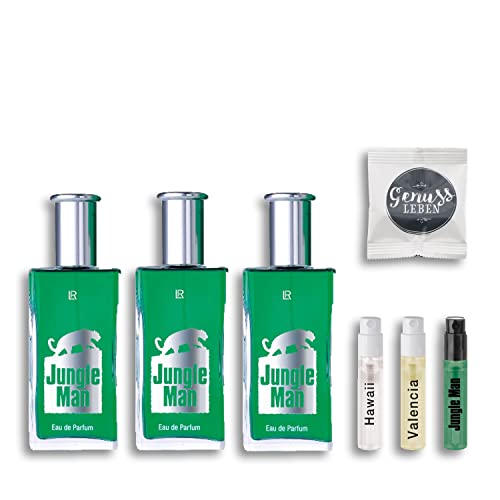 3x LR Jungle Man 50ml mit gratis Duftprobe und Genussleben Fruchtgummi Cover
