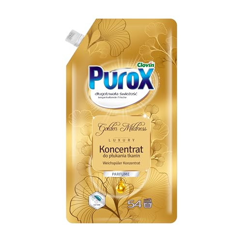PUROX Golden Mildness Suavizante para ropa (54 Lavados) – Violeta & peonía con sándalo, Cuida los tejidos, Perfume duradero, Antiestático, Planchado fácil, 600 ml