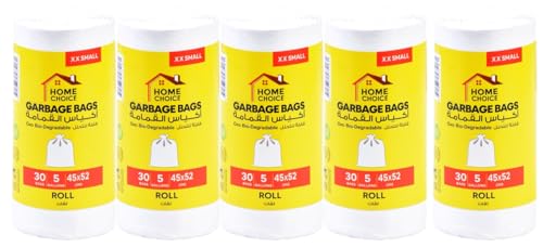 Home Choice Garbage Bags 5 Gallons Pack of 5 White 150 Bags 45x52 cm Bin Liner Trash Bags Waste Bags for Indoor and Outdoor Use