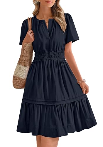 BTFBM Women's Casual Dresses 2025 Summer Spring V Neck Short Sleeve Sundress Smocked Waist A Line Tiered Mini Dress