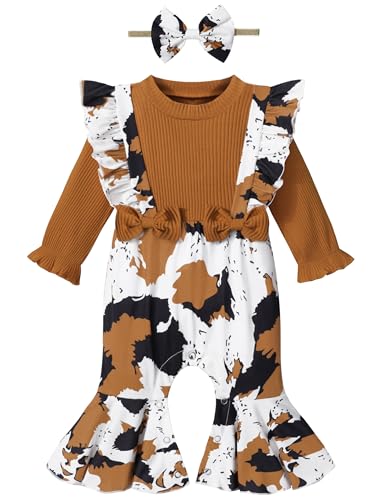 Qaoerde Baby Girl Outfits 9-12 Months Baby Clothes for Girls Long Sleeve Romper Bell Bottom Ruffle Jumpsuit Infant Girl Clothes Fall Winter Bodysuit Brown