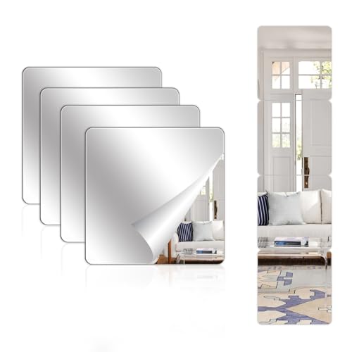 Abyssaly Mirror Stickers for Walls 4 Pack 11.8''x11.8'' Self Adhesive Stick on Mirrors Tiles Small Peel and Stick 2mm Unbreakable Wall Mirrors Decorative Sheets for Kitchen