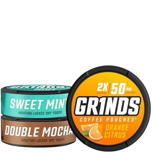 Image of Grinds Coffee Pouches 18 Per Can | 3 Can Energy Sampler | Double Mocha, Sweet Mint, Orange Citrus | Caffeine Pouches | Portable Energy | No Crash, No Jitter | B-Vitamins | Focus | Sugar Free