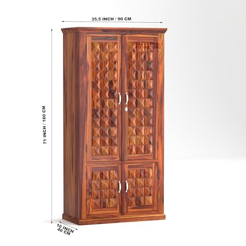 Image of Diamond Solid Sheesham Wood Wardrobe for Bedroom Modular Wooden Wardrobe Space Saving with 2 Door & 2 Drawer /Storage Rack Clothes Almirah Cupboard for Bedroom (Honey Finish)