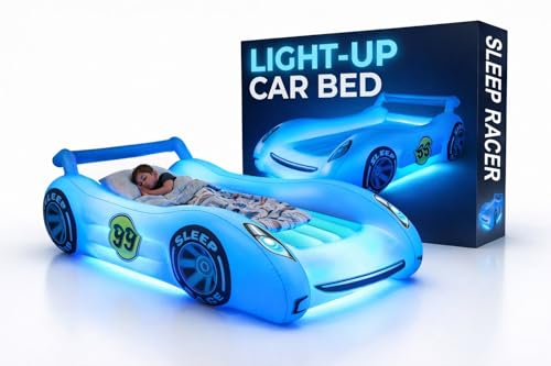 Air Candy Sleep Racer Inflatable Toddler Car Bed | Portable Kid Air Mattress with LED Night Light for Travel & Sleepovers | Blue Blow Up Car Bed for Boys & Girls Ages 3-12