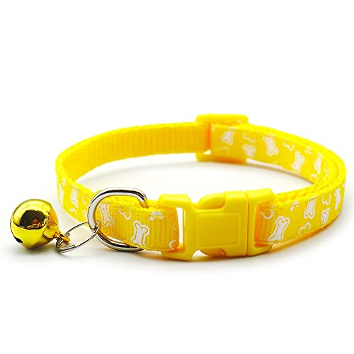 Small Dog Puppy Pet Collar White Bone Design with Bell Nylon Adjustable Size 19-32cm Yellow, XS - Image 2