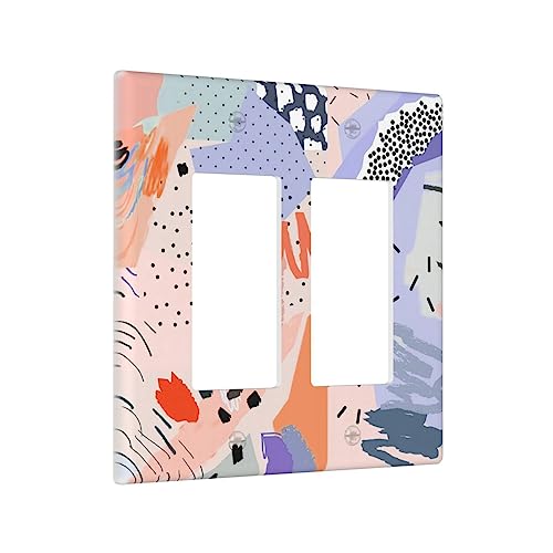 Mid Century Boho Double Rocker Wall Plates Colorful Geometric 2 Gang Light Switch Cover Decorative Purple Pink GFCI Electrical Switchplate Blue Shape Dimmer Decor for Bedroom Kidroom Bathroom