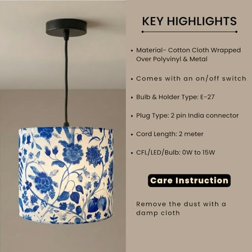 Image of ExclusiveLane 'Indigo Bloom' Pendant Hanging Lights for Living Room (22.8 Cm, Cotton Wrapped Over Polyvinyl, Set of 1) | Pendant Lights for Ceiling Lights for Living Room Hanging Lamps for Bedroom