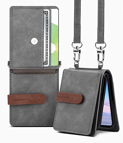 Goospery Wallet Case Compatible With Galaxy Z Flip 4 Case, Detachable Card Holder 2 Card Pocket Storage Premium Pu Leather Adjustable Cross-Body Strap Attached Earbud Cord Organizer, Gray #TOP13