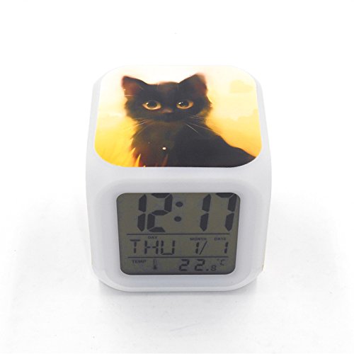 Bofy Led Alarm Clock Black Cat Kitty Pattern Personality Creative Noiseless Multi-Functional Electronic Desk Table Digital Alarm Clock For Unisex Adults Kids Toy Gift #TOP2
