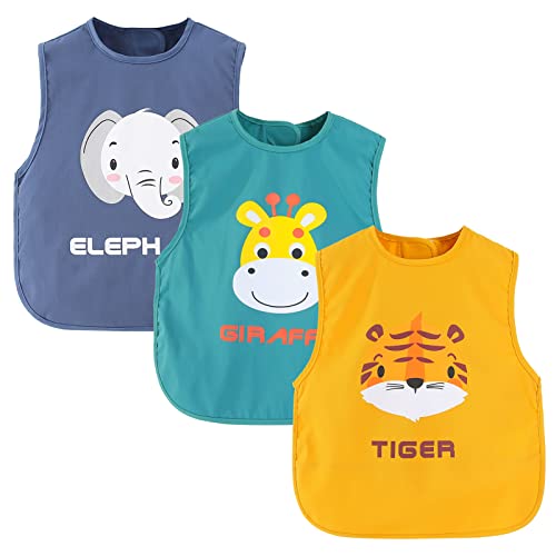Happy Cherry Baby Waterproof Weaning Bibs Infant Sleeveless Feeding Smocks Unisex Washable Adjustable Apron Little Kids Soft Protection Clothes 6-12 Months 3 Pieces