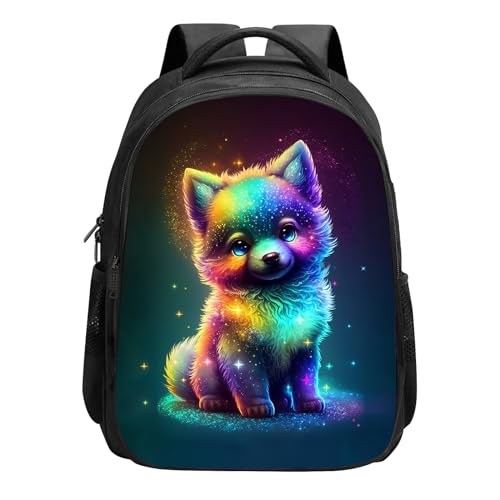 Wolf Backpack for Girls Boys Cute Baby Wolf School Backpack Kawaii Animal Rainbow Colorful Starry Stars Bookbag, 16 Inch Kindergarten Elementary School Backpack for School & Travel