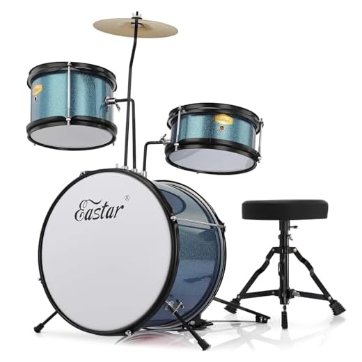 Kids Drum Set Eastar 3-Piece for Beginners, 14 inch Drum Kit with Adjustable Throne, Cymbal, Pedal & Two Pairs of Drumsticks, Junior Drum Set with Bass Tom Snare Drum, Metallic Sky Blue