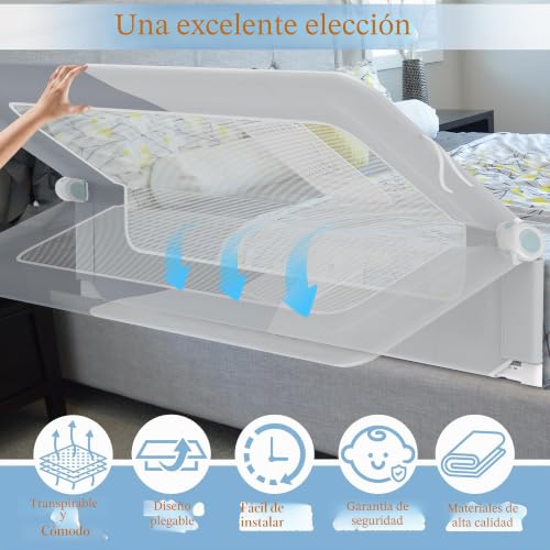 Barrera de cama para niños HENGMEI de 150 cm con malla ventilada 4
