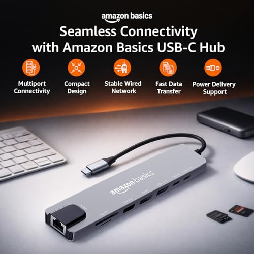 Image of Amazon Basics USB Type-C Hub Dock, 8-in-1 HDCP Aluminium Adapter with 4K HDMI & Ethernet Port,100mbps, Power Delivery, TF /SD Card Reader, Mac & Windows USB-C & 3.0 Devices