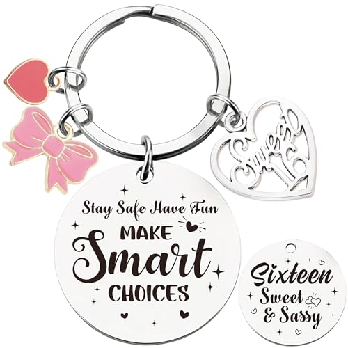 Sweet Sixteen New Driver Keychain - 16 Years Old Girl Gifts Sweet and Sassy Keyring for Teen Friends Birthday Christmas