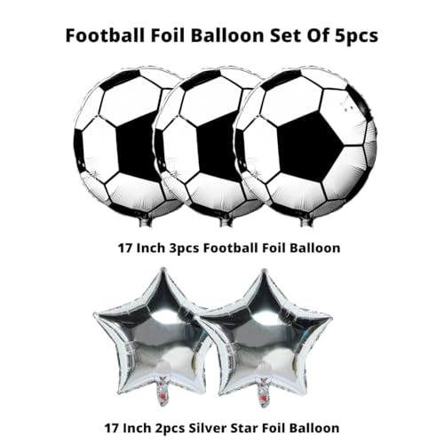 Image of Party Decorz Football Foil Balloon Set of 5pcs | Football Decoration for Birthday Parties (3 Football Printed Balloons + 2 Silver Star Balloons) Football Theme Birthday Decoration
