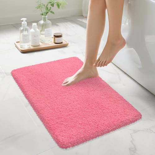 MondayRug Bathroom Rugs Non Slip 24x16 Absorbent Bath Mats Quick Dry Shaggy Microfiber Bath Rugs Extra Soft Plush Machine Washable Bath Mats for Bathroom Floor Tub and Shower Pink