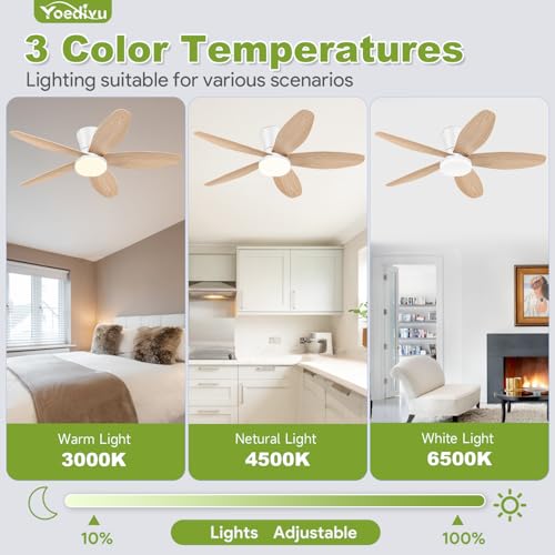 Image of Ceiling Fans with Lights - 42 Inch White&Wood Flush Mount Ceiling Fan 6-Speed Wind, Quiet Reversible DC Motor, 3 Color Dimmable Lighting, Small Low Profile Ceiling Fans for Living Room /Bedroom