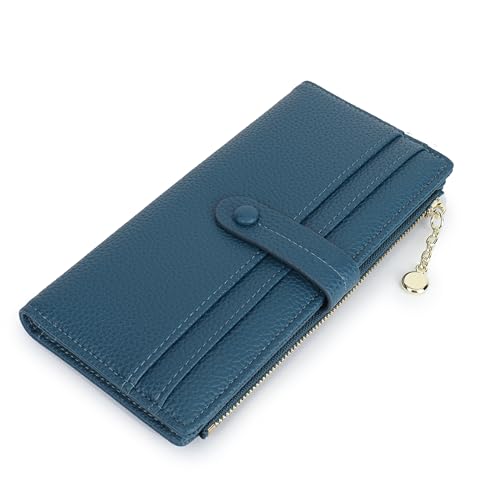 Thin Wallet for Women,PU Leather Bifold Credit Card Wallet,Compact Wallet with Large Clutch with Coin Purse,Smooth Zipper(Blue, Long)