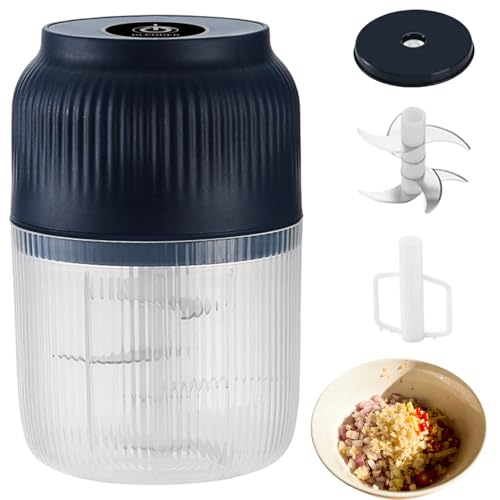 Household Electric Garlic Crusher, 350ml Garlic Mincer Electric with Lid, 6 Blades Mini Electric Food Chopper for Garlic, Onion, Ginger, Chili, Spices and Fruit (6 blades blue with egg beater)