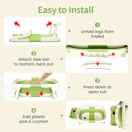 Image of Collapsible Baby Bathtub for Newborn to Toddler (0-18 Months) - Foldable Baby Bath Tub with Soft Towel, Newborn& Infant Bathtub for Travel and Outdoor, Green